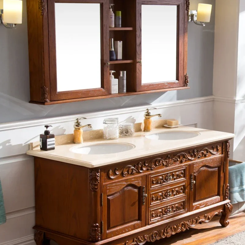 Bathroom Cabinet, Red Oak Washstand Double Basin Mirror