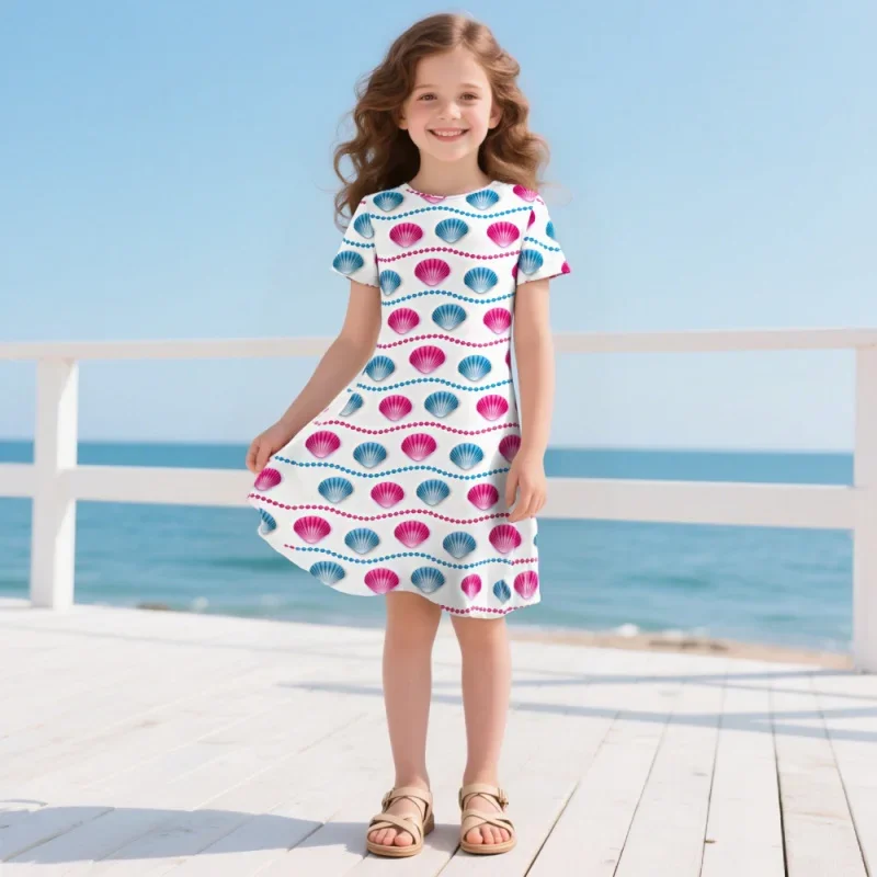 

Girls 2025 Short Sleeve Dress, Casual Fashion Scallop Element Print, Dress