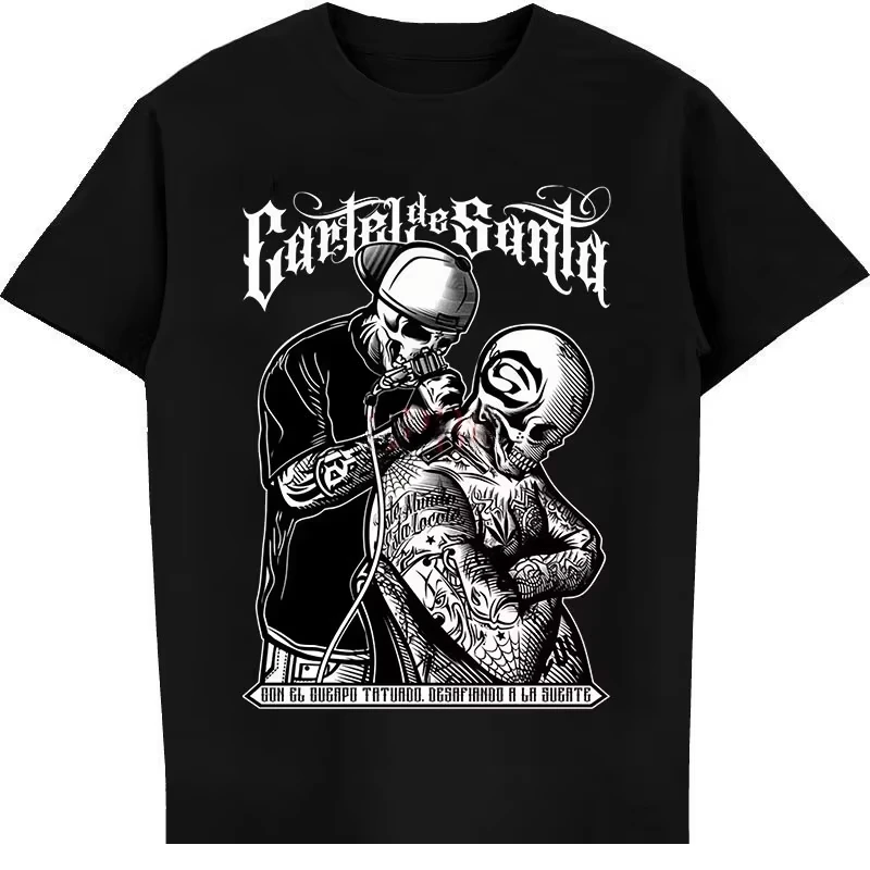 

2025 New Men's Top, Cartel De Santa Tattoo T-shirt, Rap Hip-hop Style, Suitable for Both Men and Women, Cotton T-shirt.