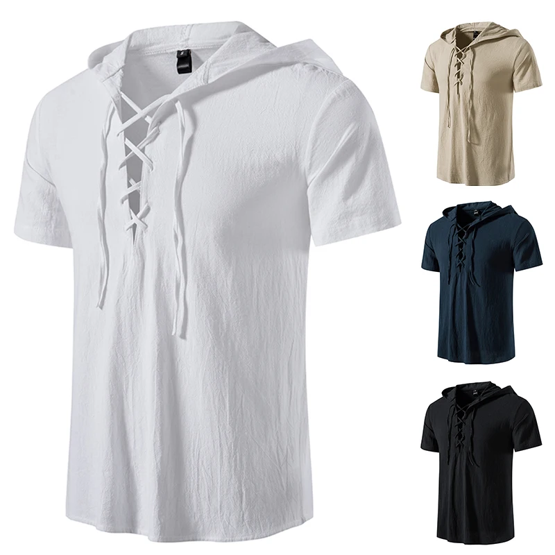 The Latest 3-color Men's Short-sleeved Hooded Shirt Cotton Beach Drawstring Neckline Breathable Casual Summer Hooded T-shirt