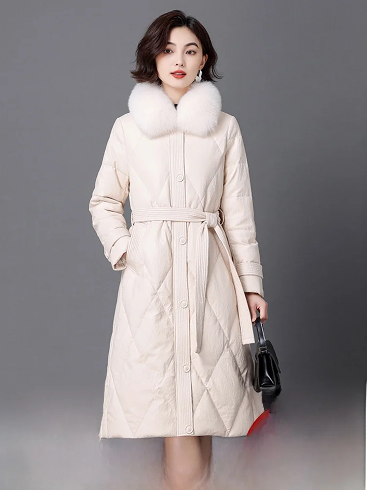 

Haining Genuine Leather Fur Women's Mid-Length Coat 2025 Winter New Style Belted Sheepskin Collar Zipper Closure Jacket