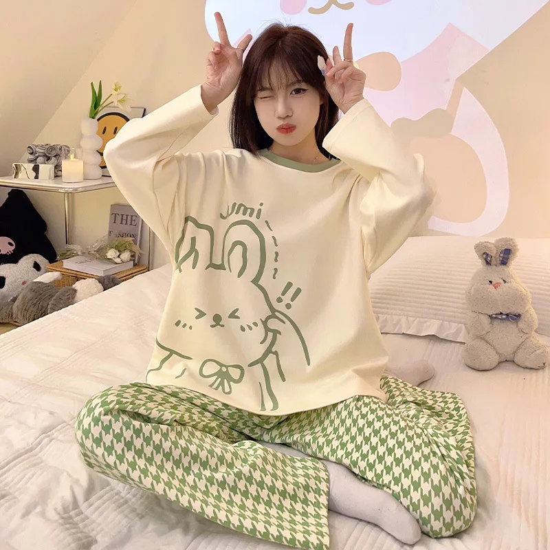 

2025 New Spring and Fall Pajamas Women's Models Long-Sleeved Big Yards Thin Section Cartoon Cute Girls Student Pajamas Home Wear