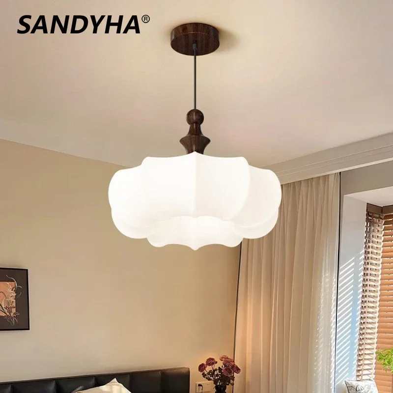 

SANDYHA French Wooden Pendant Light Acrylic Lampshade Ceiling Chandelier LED Lamps for Living Room Bedroom Dining Table Lighting