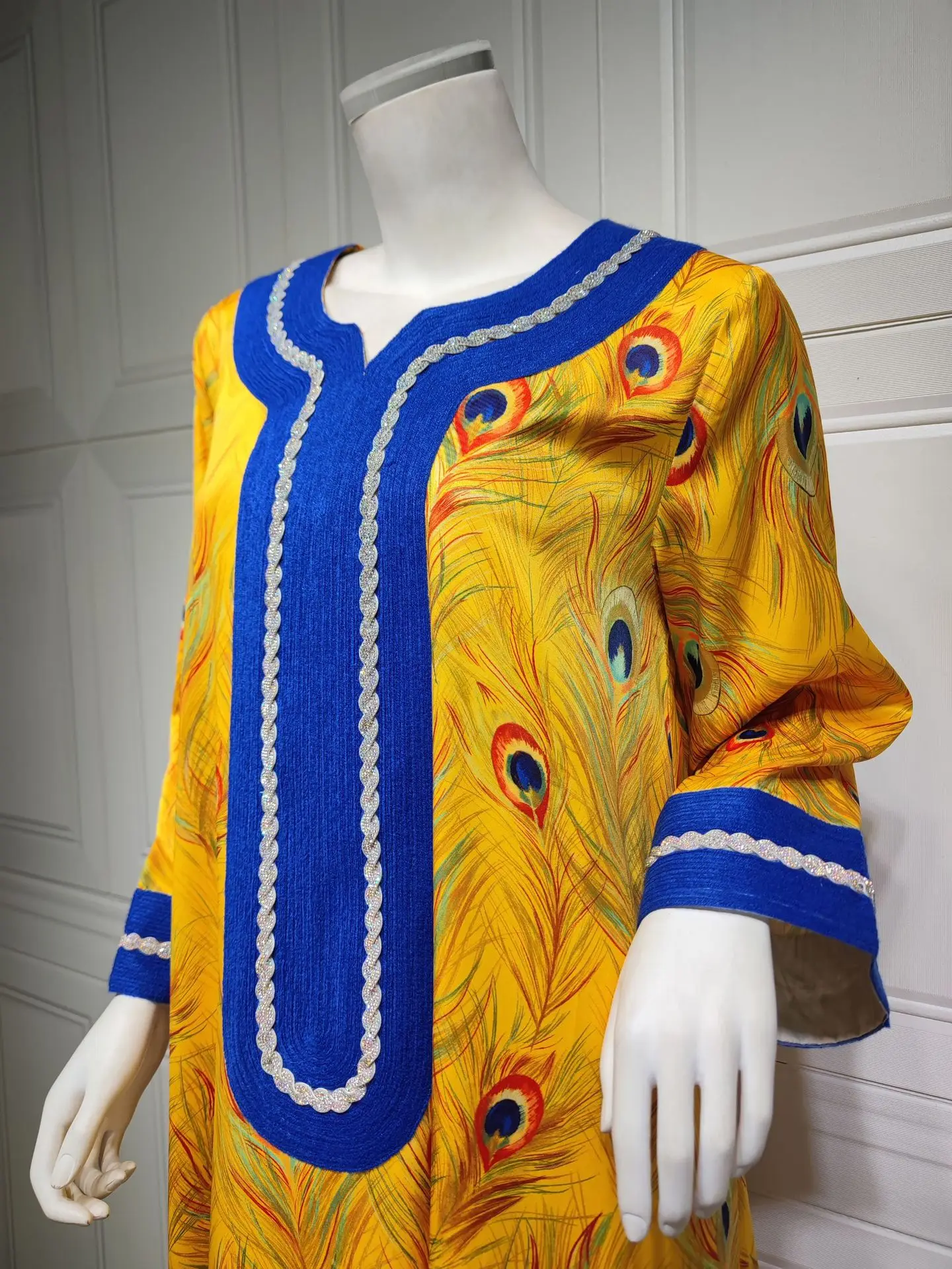 Turkey Dubai Muslim Ethnic Print Dress Contrast Color Diamonds Dresses Moroccan Kaftan Islam Long Abaya Jilbab Ramadan 2025