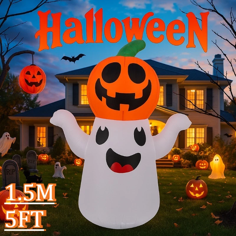 5FT Inflatable Model Halloween Outdoor Holiday Decortaions Ghost Pumpkin Built-in LED Lights Yard Halloween Courtyard Hall Decor