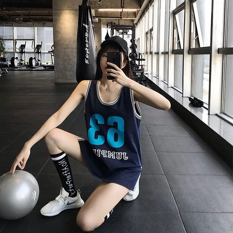 

2021 Summer Women's Sports Vest Sleeveless T-Shirt Ins Students Korean Style Outer Wear Long Basketball Uniform Loose Top