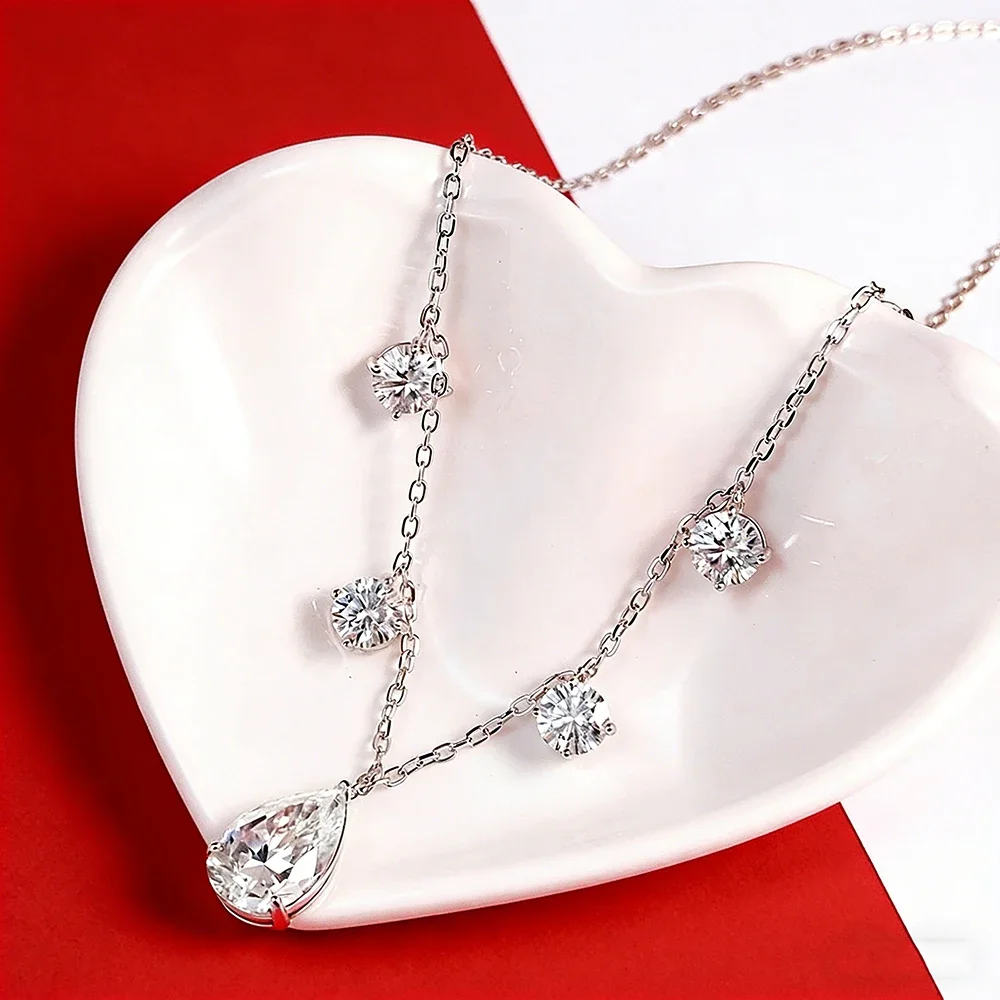 QIBAOKU WaterDrop Moissanite Necklace 100% S925 Silver Pear Diamond Pendant NeckChain for Women Gifts Wedding Fine Jewelry