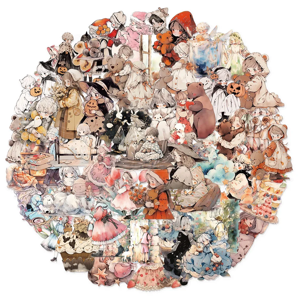 50PCS Creative Watercolor Fairy Tale Princess Series PET Stickers, Luggage, Laptop, Water Cup, Computer Label Stickers