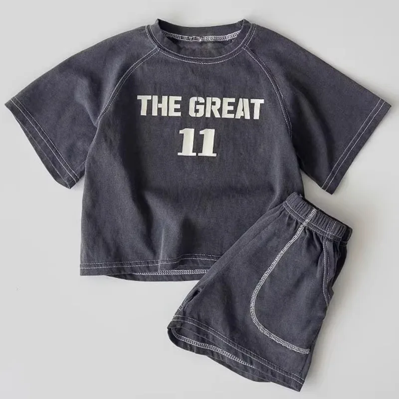 5468 Ins Children Clothing Set 2026 Korean Summer Boys' Suit Fashion Retro Letters Top+Short Casual Girl's Two-piece Suit