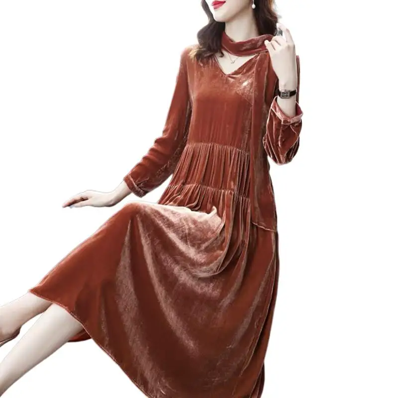 

England style Pleated Dresses Elegant Women vintage velour Dress Long Lantern Sleeve Maxi party Dress Vestido