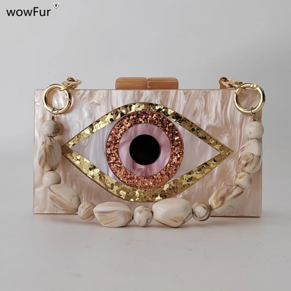 Women Nude Champagne Pearl Marble Acrylic Evil Eye Cartoon Handbags Box Clutch Purses Chain Crossbody Bags Wedding Party Bags