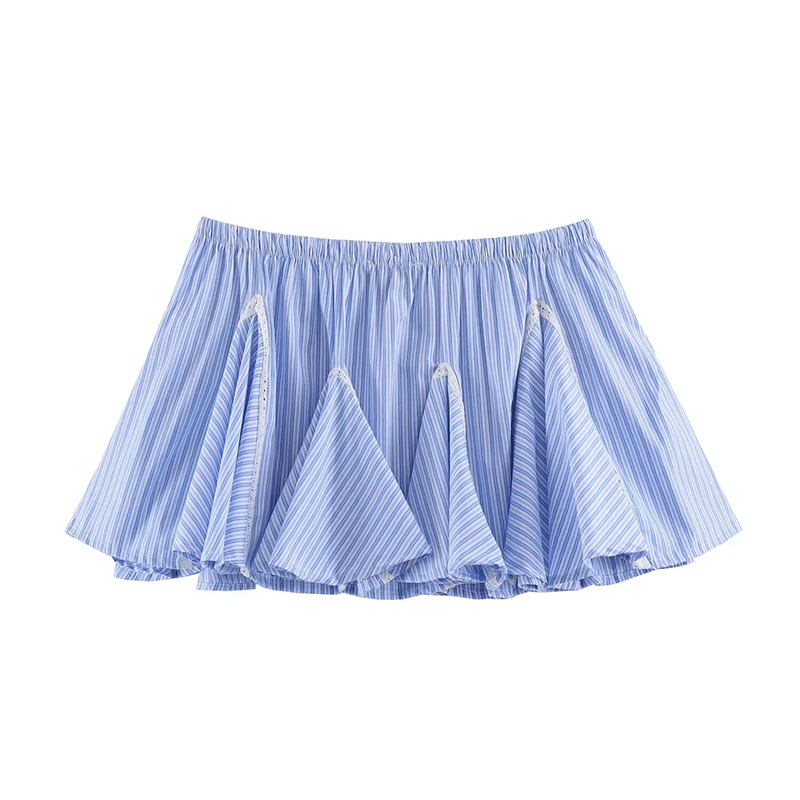 YENKYE  New Women's Vertical Stripe Elastic Waist Ruffle Mini Skirt Lace Trim Casual Short Summer Skirts