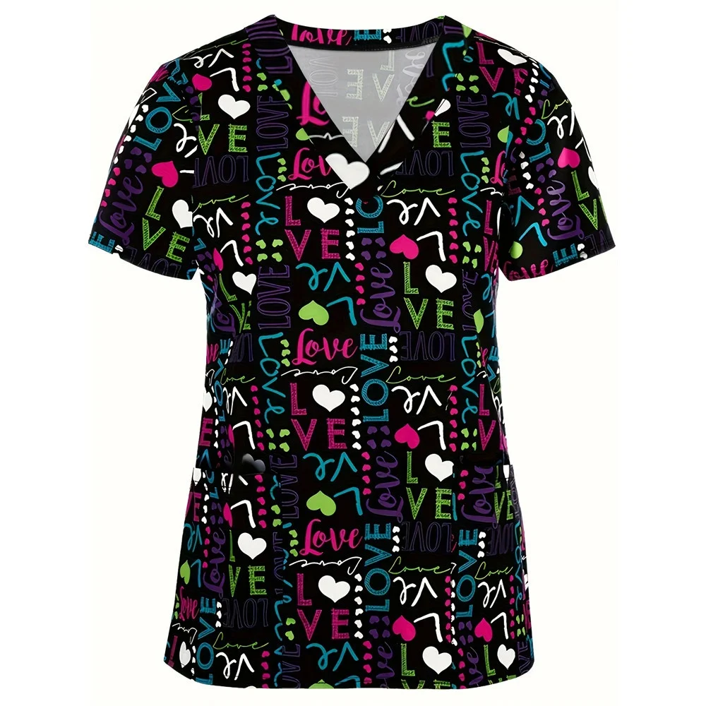 Uniforms Women Medical Elegant Heart Print Fashion V-Neck Curable Medico Casual Patch Pocket Short Sleeve Scrub Medical Woman