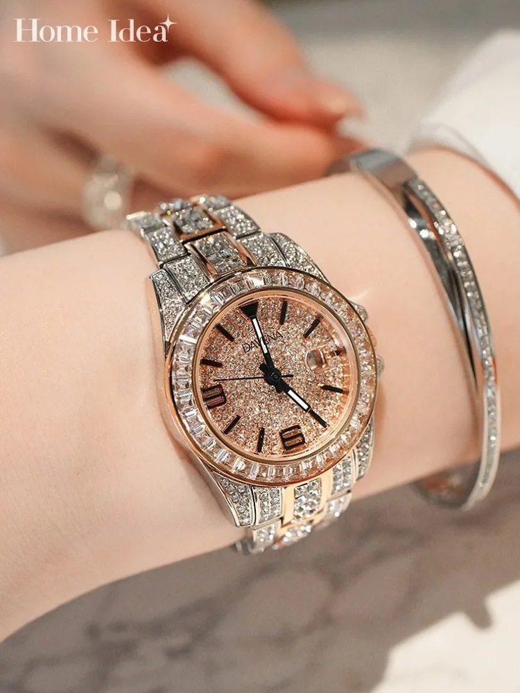 

Дизайнерские женские классические модные универсальные часы с блестящими бриллиантами, кварцевые наручные часы с кнопкой и скрытой застежкой, элегантные офисные женские часы