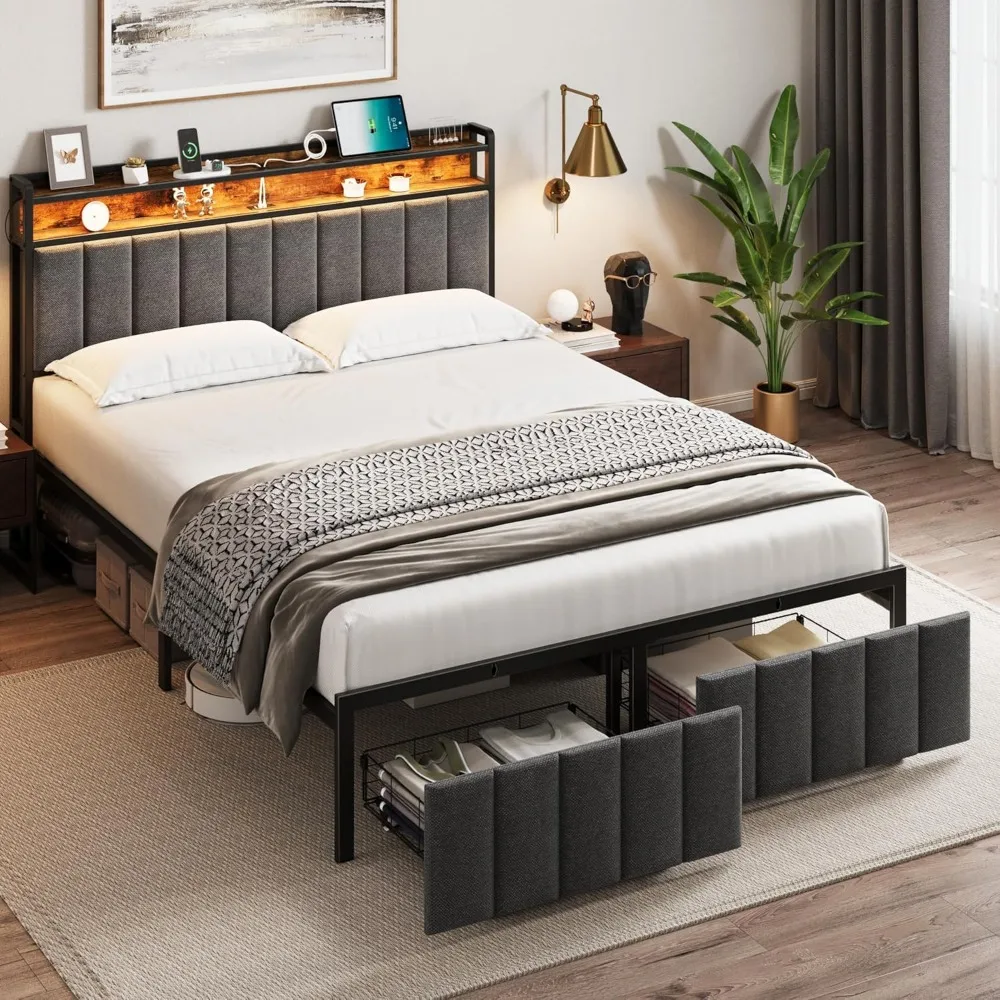 Full Bed Frame with Storage, Upholstered Bed Frame with LED Lights Headboard and 2 Drawers, Full Size Bed with Charging Station,