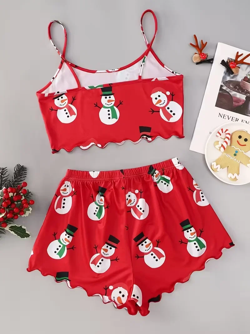 Conjunto de pijama feminino com estampa de boneco de neve de Natal, alça espaguete, gola redonda, top e shorts, 2 peças, roupa de dormir