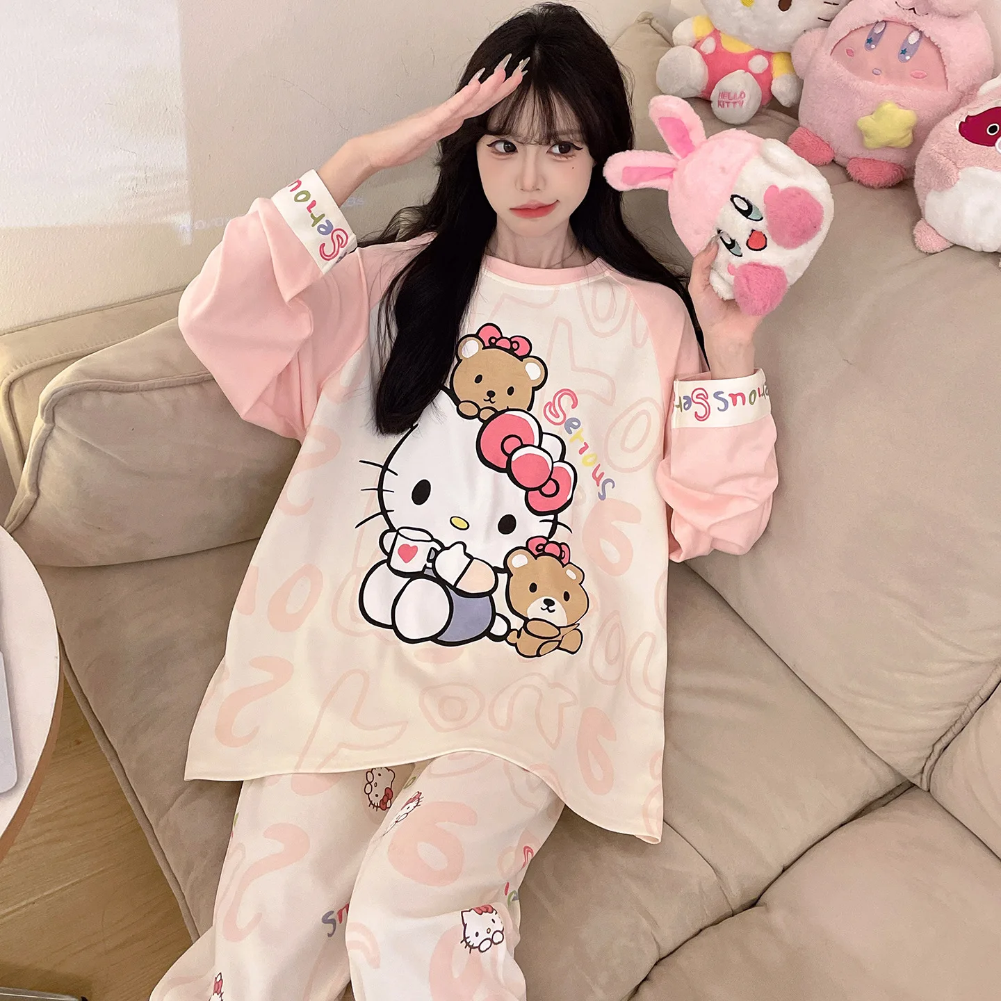 

Pochacco новые женские хлопковые пижамы в стиле аниме «Hello Kitty» с героями мультфильмов, большие размеры, милый студенческий комплект для девочек, весенне-осенний комплект домашней одежды