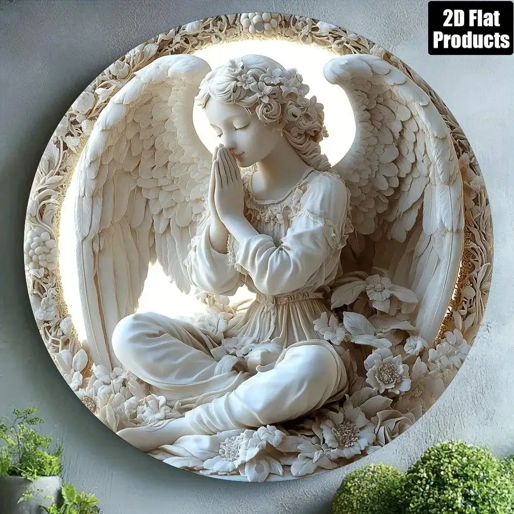 CIFBUY Metal Wall Art Angel Plaque Vintage Religious Home Decor Iron Round Sign for Living Room Bedroom Cafe Bar Wall Hanging