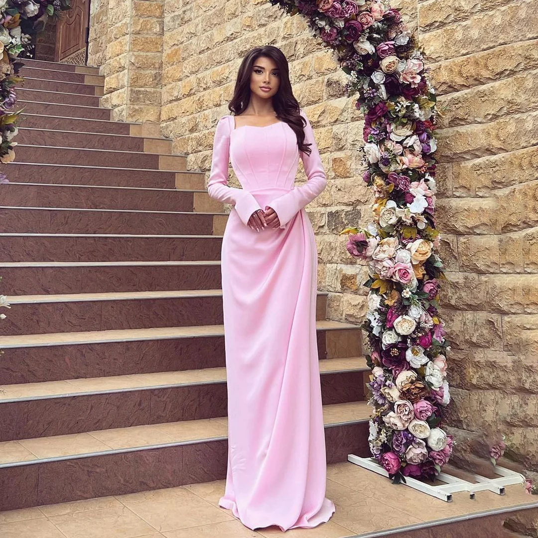 OEING Square Collar Luxury Formal Evening Dresses Sheath Long Sleeves فساتين سهرة Floor Length Elegant Prom Gowns Party Women