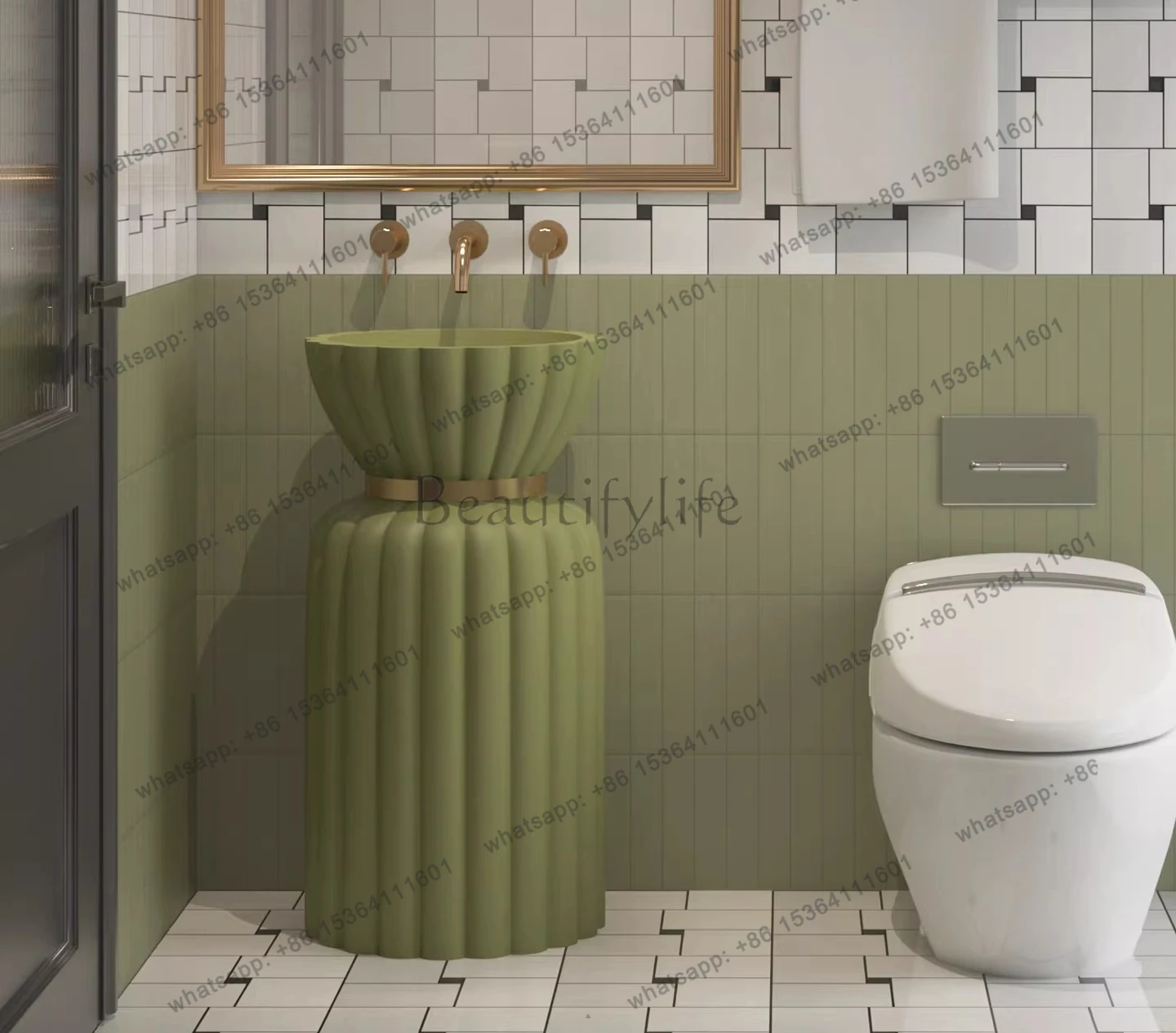 French green art wash basin integrated floor type personalized creative column basin