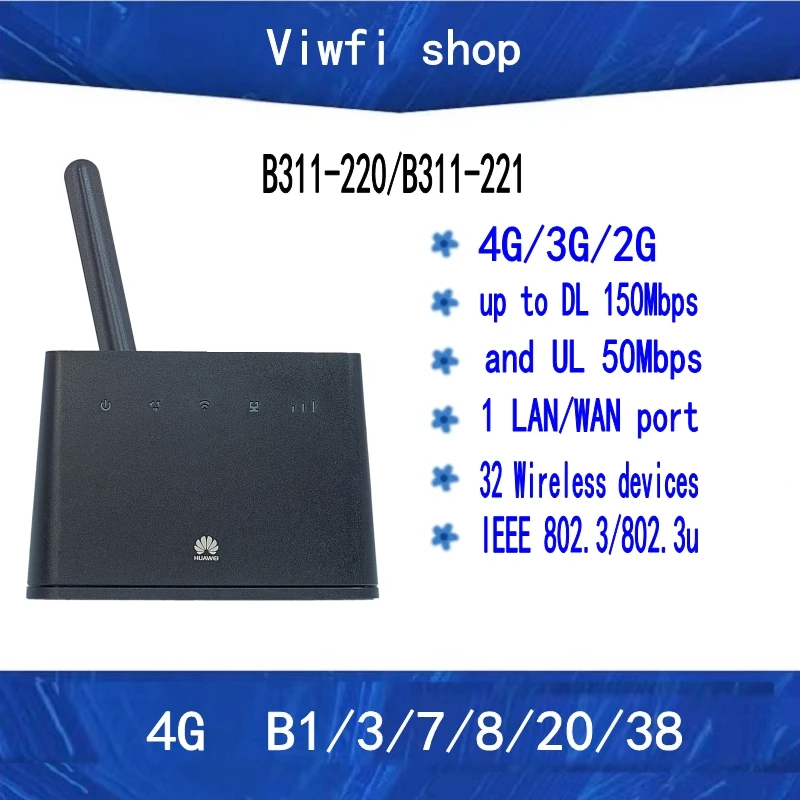 Hua wei 4G Router 2 Modem B311-220 SIM Card slot CAT4 150Mbps LTE CPE 2.4GHz Outdoor Router Support VoIP free antenna