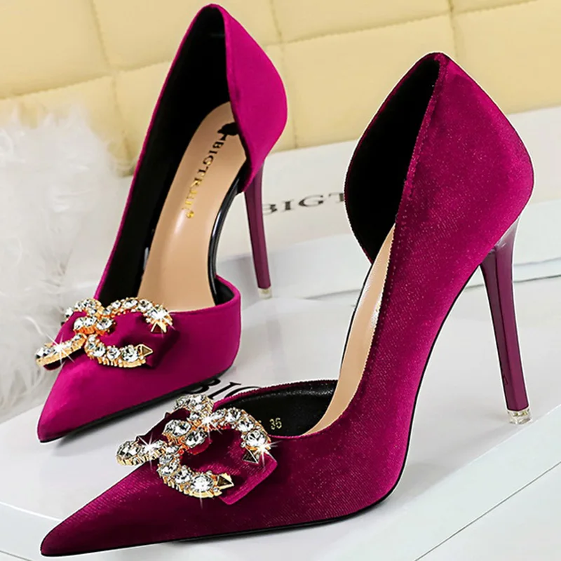 Party Pumps 10.5cm Thin Heels Shallow Pointed Toe Side Hollow Velvet Rhinestone Buckle Butterfly Knots Ladies Shoes Purple Green