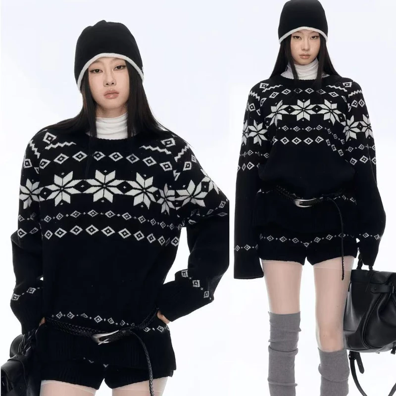 

Japanese Jacquard Knitted Sweater Shorts Women Winter O-neck Long Sleeves Loose Lazy Style Jumpers Fashionable Two-piece Set