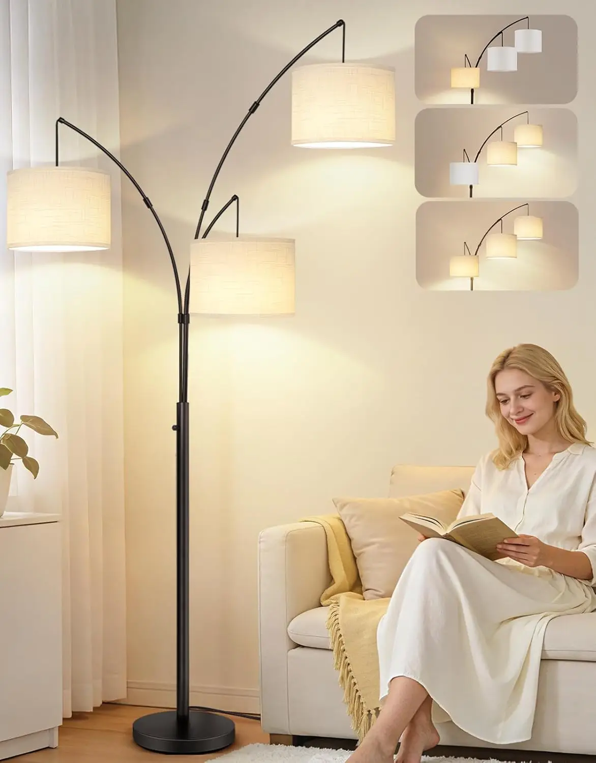 

Modern Arc LED Floor Lamp with 3 Adjustable Lights, Warm White Bulbs Included for Bedroom Living Room Office