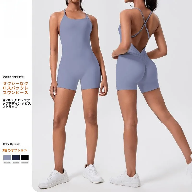 女性用クロスタイトワンピースヨガスーツ一体型スポーツショートセットノースリーブフーディレギンスフィットネスウェア