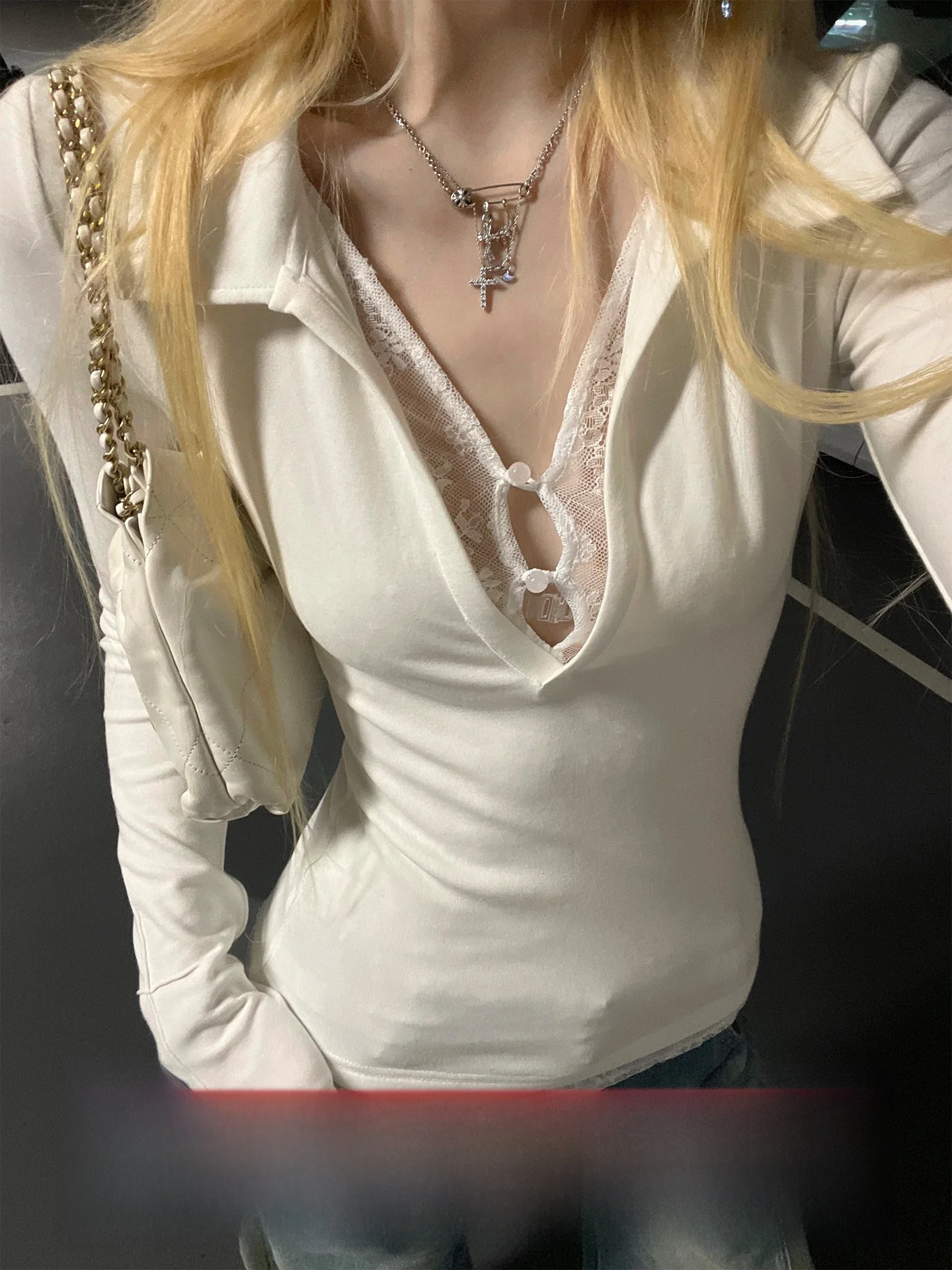 

Rase Le Sol Double Trap20 Lace Patchwork Slim Fit Long Sve T-irt Sexy Sle Stand Edition Daily Wear Ladies' Top