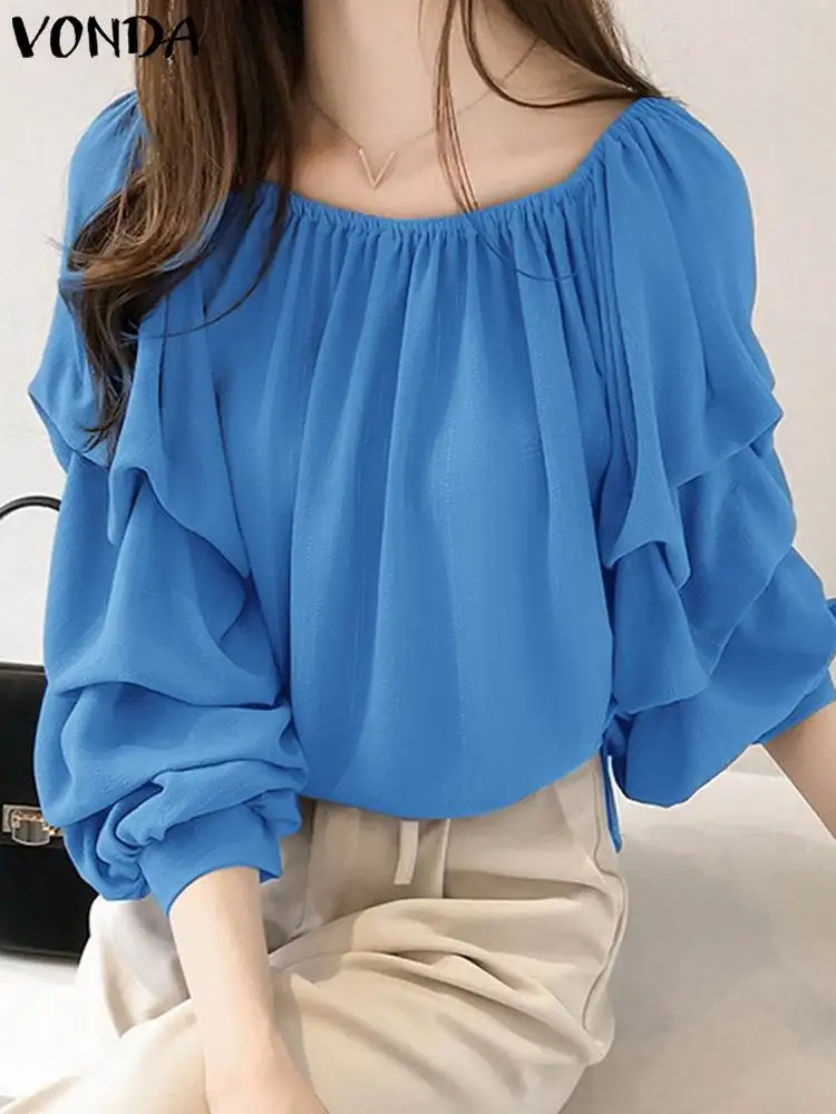 2024 Women Oversized Casual Loose Blouse VONDA Autumn Round Neck Shirts Multiplicate Shellort Solid Long Lantern Sleeve Tops