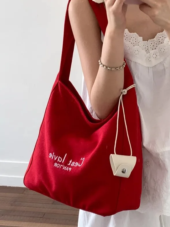 

Красная парусиновая большая сумка, женская большая сумка-тоут, пригородная сумка, мягкая складная сумка, повседневная однотонная корейская сумка