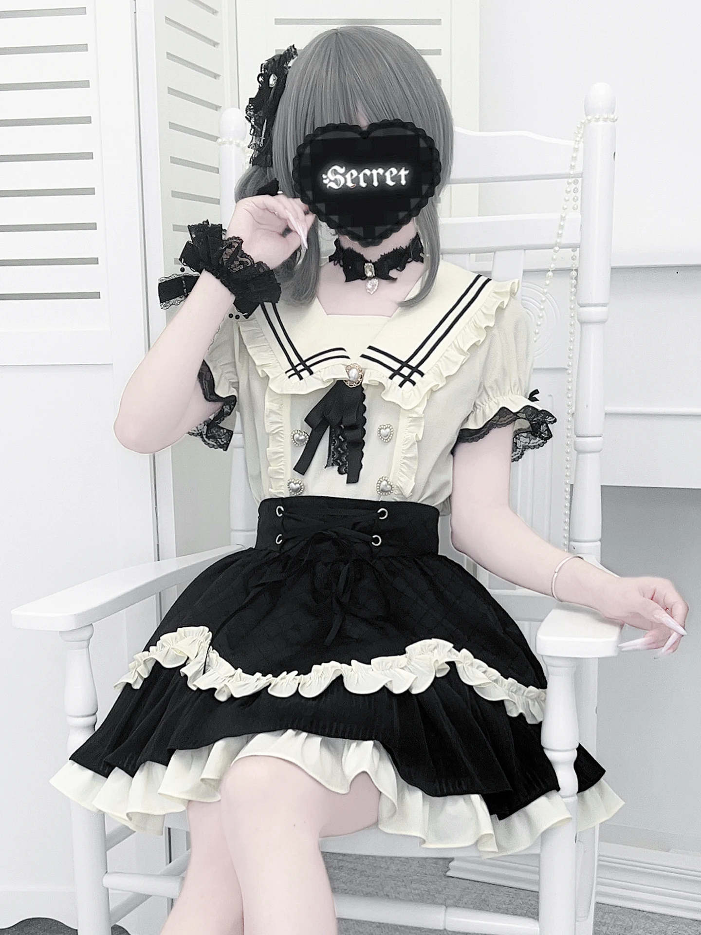 Estilo japonês produzido em massa subcultura gola marinha manga bufante coração botão camisas cintura alta saia de renda conjunto de duas peças feminino