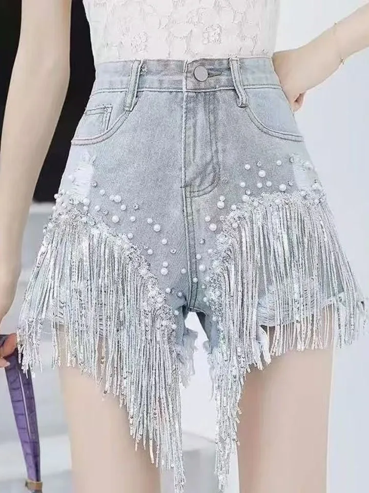 Trendy High Waist Wide Leg Jeans Shorts Women Summer 2026 New plus Size Heavy Embellished Fringed Bootcut Hot Pants
