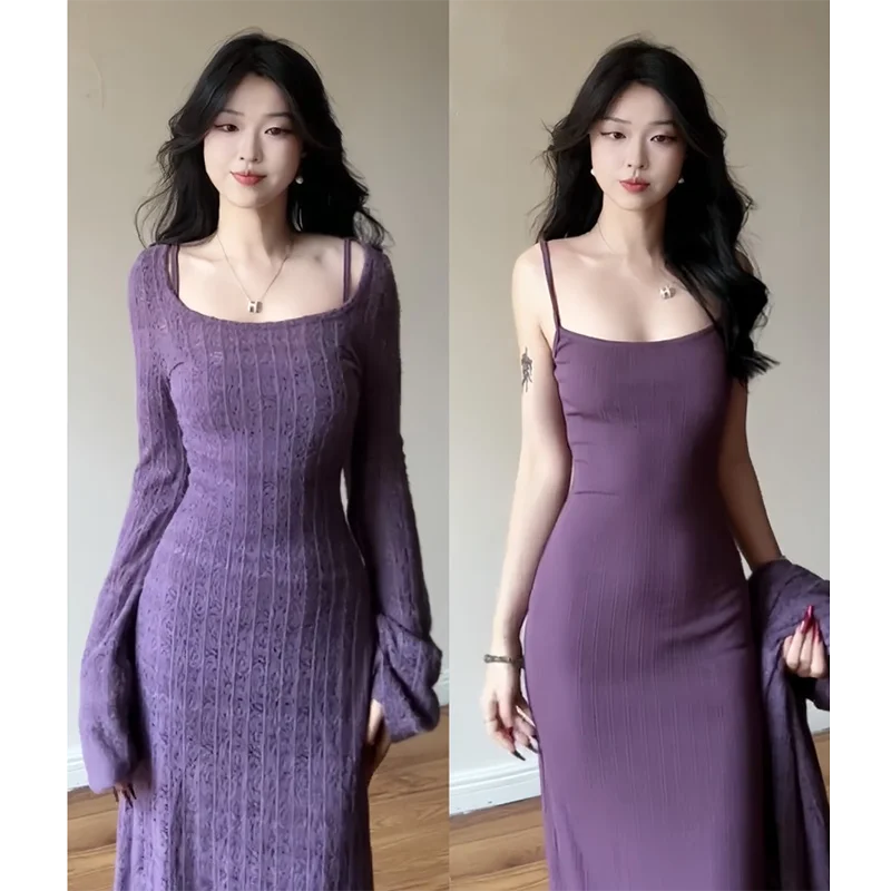 Damen Slim Fit Slip-Kleid Tanktop + Mesh-Shrug Zweiteiler Set Langes Kleid Lila A-Linien-Kleid Urlaubskleid für Damen