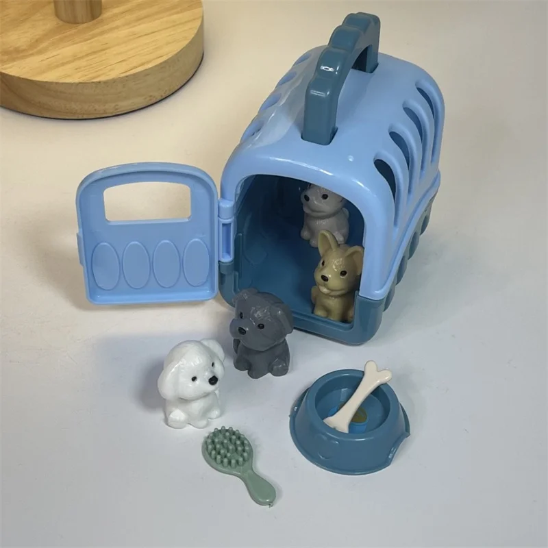 8Pcs/set Children Play House Pet Basket Toys Dog Doll Set Dog Cage Family Funny Toys Scene Playing Decoration Gifts