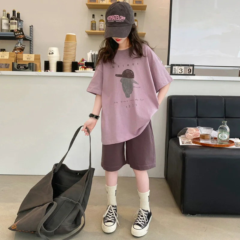 Summer Girls Cotton Alphabet Cartoon Print Loose t-Shirt Tops+Shorts Pant Sets School Kids 2PCS Tracksuit Children Outfit
