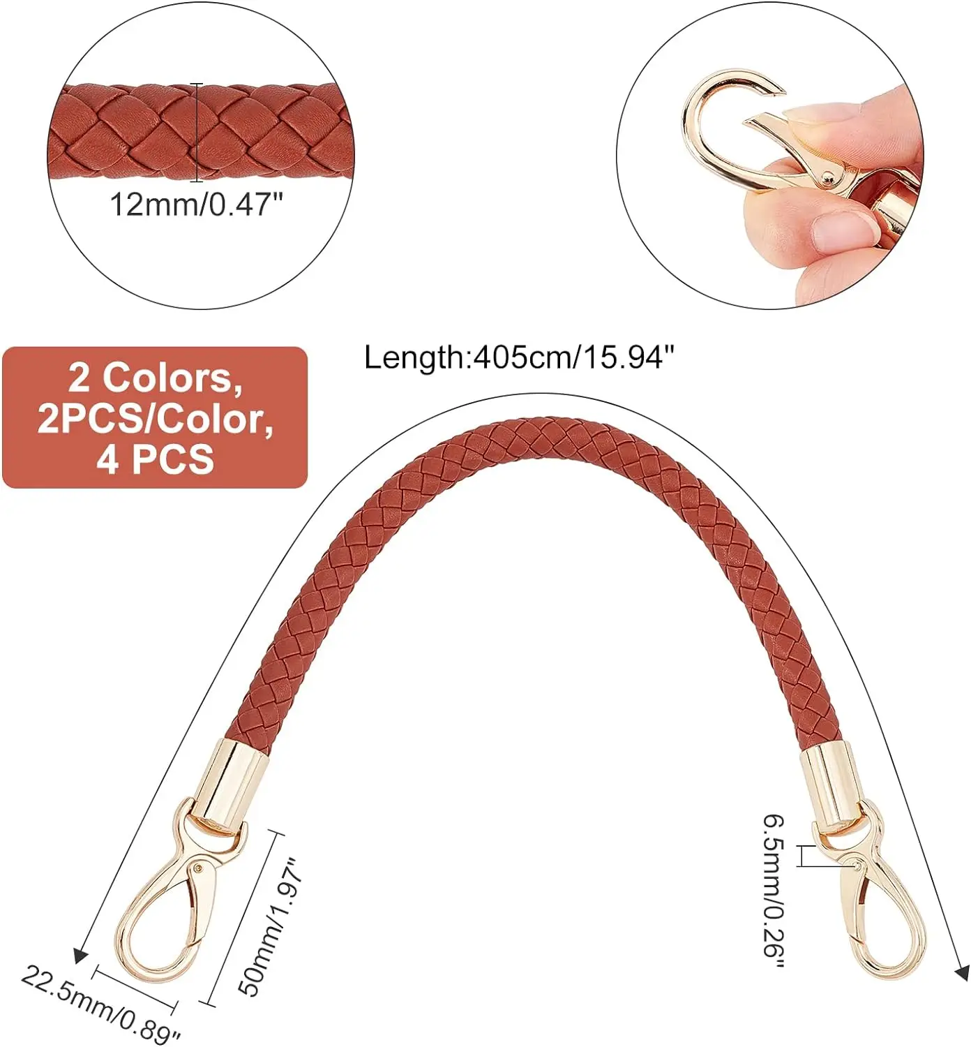 4pc Leather Braided Purse Handle 15.9In Leather Handbag Handle Replacement Shoulder Bag Strap Wallet Tote Strap with Gold Spring