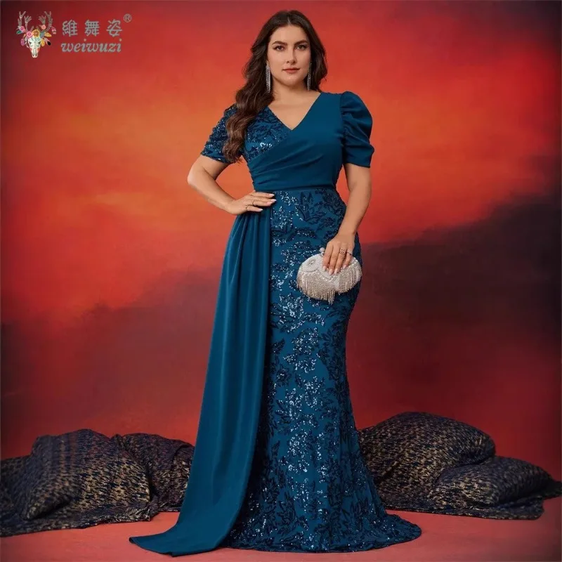 

Plus Size Elegant V-neck Short Sleeves Sequins Panel Fit Evening Dress Women Mermaid Formal Luxury Party Prom Cocktail Dress