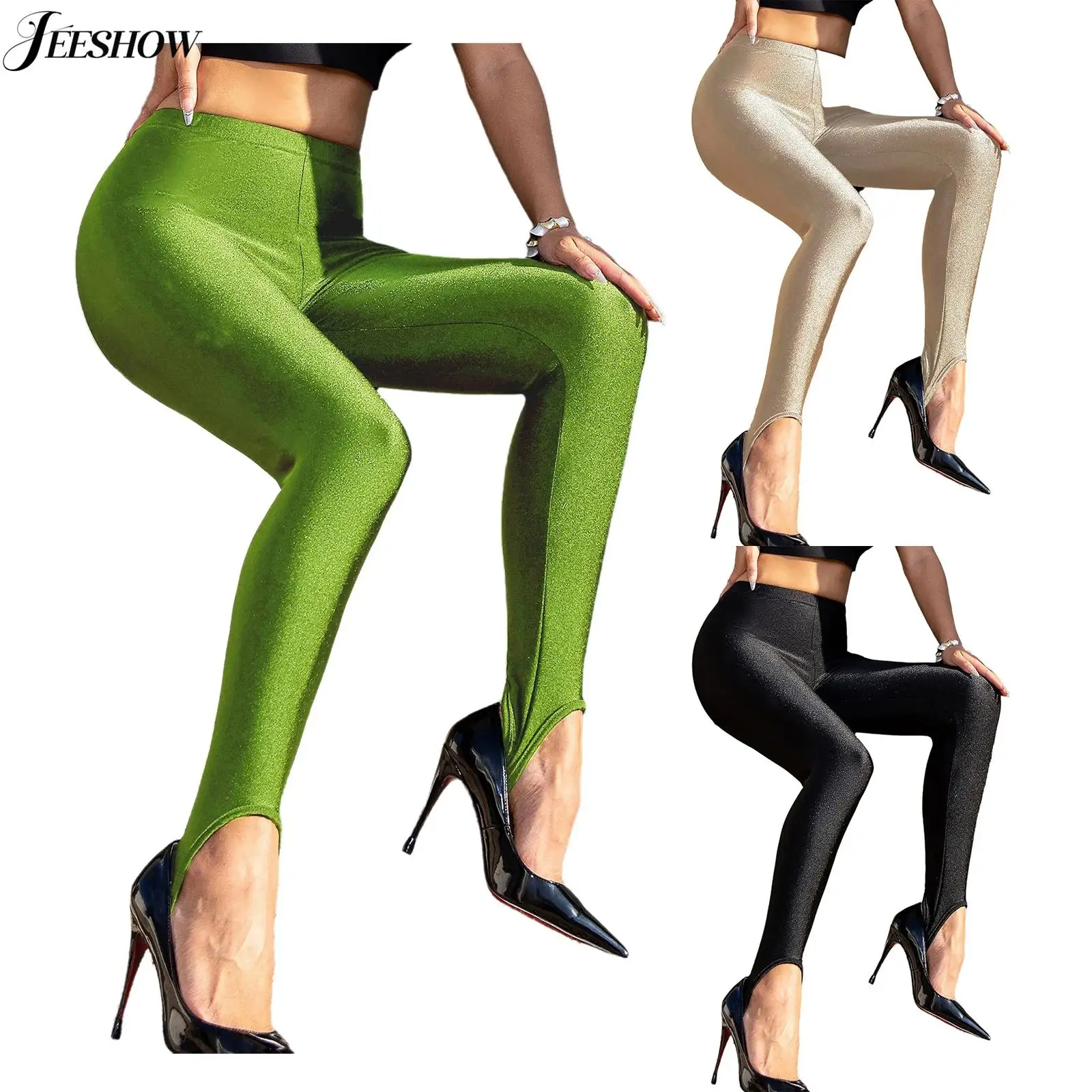 Leggings taille haute scintillant pour femmes, couleur unie, brillant à l'huile, ceinture élastique, étriers, pantalon de Yoga, vêtements de sport, couche de base