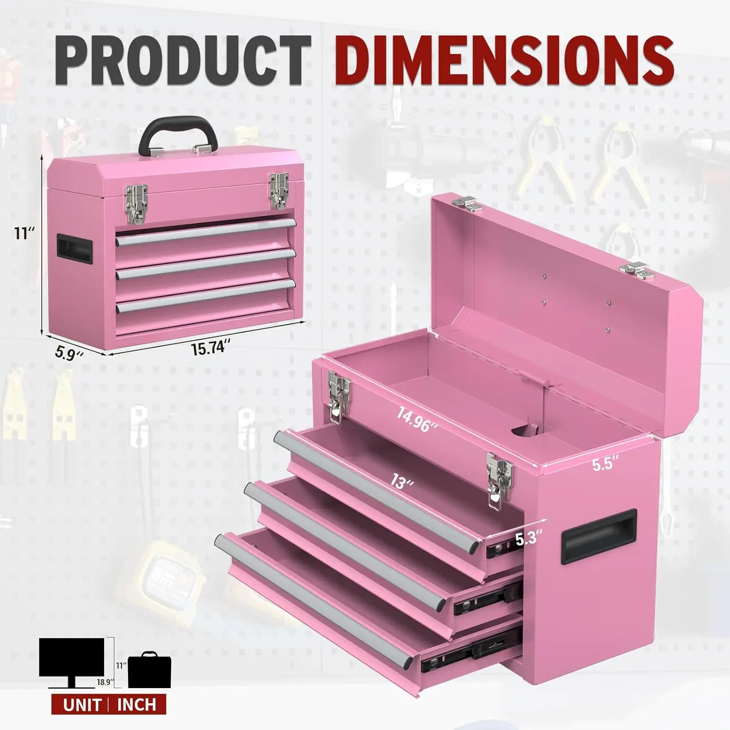 

3 Drawers small Tool Box,Portable 3 Drawer Steel Tool Box with Locking System toolbox organization with Liner(Pink)Free Shipping