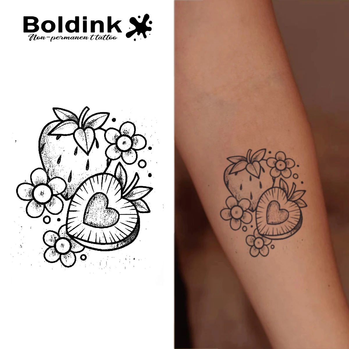 Boldink Cute Heart Shaped Strawberry Flower Juice Tattoo Sticker Waterproof Color Holding 1-2 Weeks Essential for Trendsetters