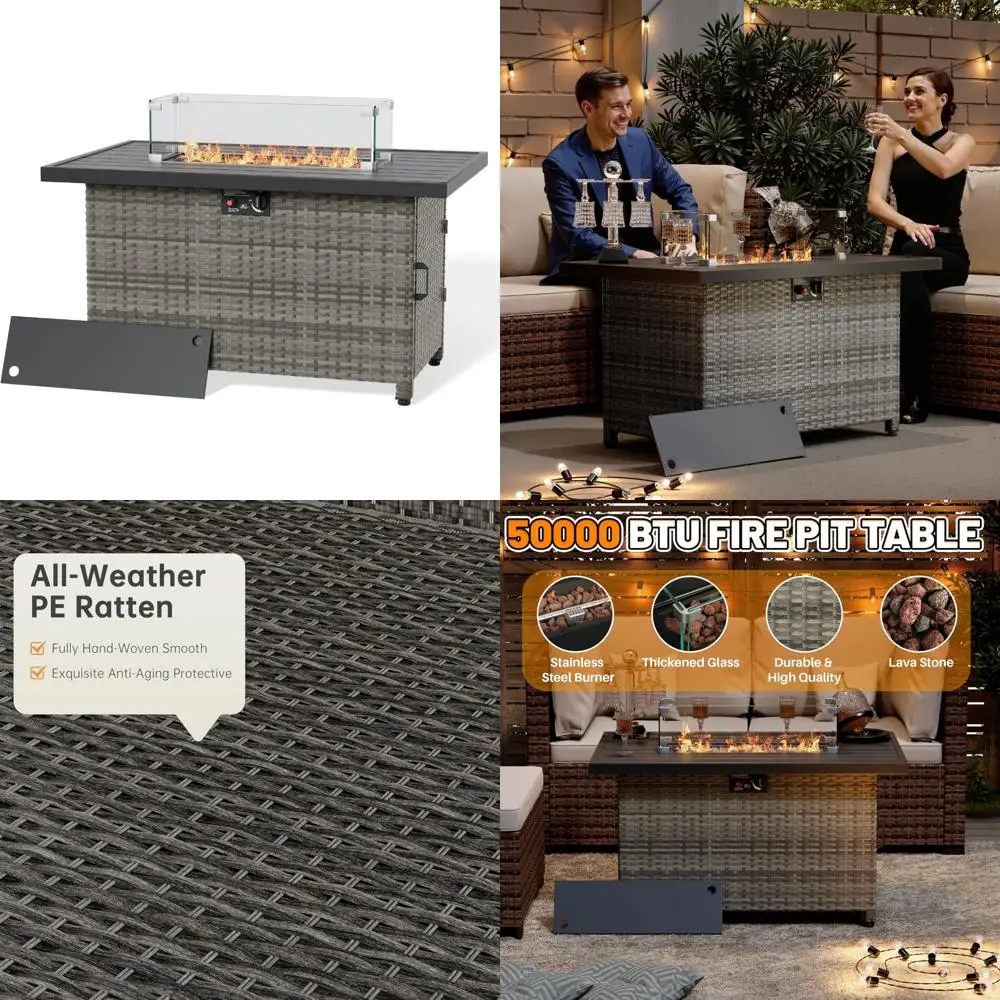 

44 Inch Outdoor Propane Fire Pit Table with 50,000 BTU, Glass Wind Guard and Lid for Patio and Garden Use