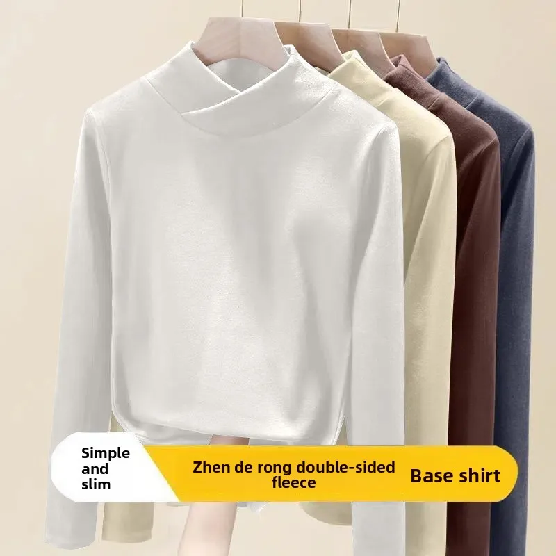 

Thiened Fce V-Ne Base irt Women's Inner Wear Autumn Winter Mid-Ne Top Faionable Sli High-End Feel Warm T-irt