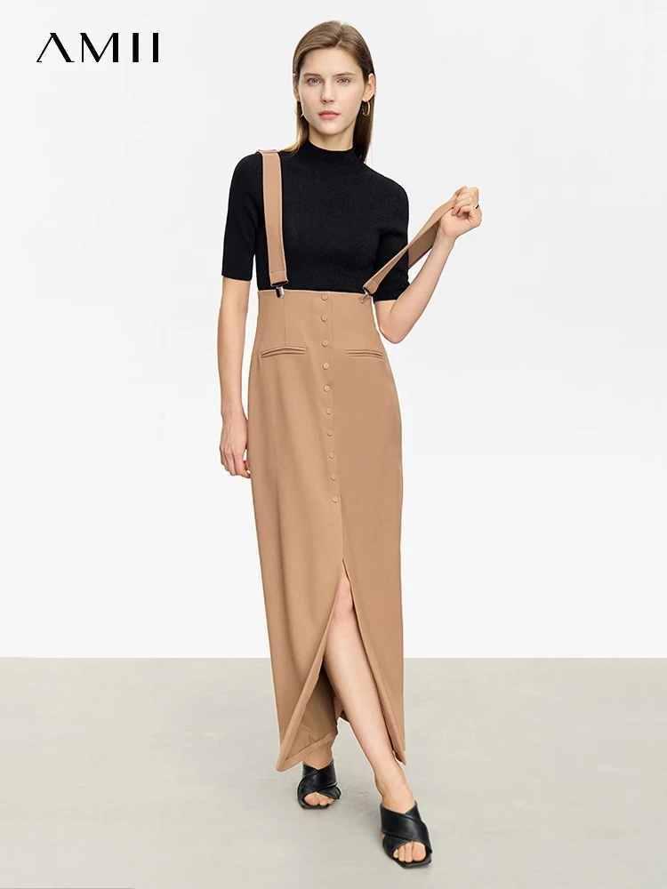 Amii Minimalism Women Removable Back Strap Half-body Skirt Row Buckle High-waisted Straight Skirts 2024 Spring New Lady 12353005