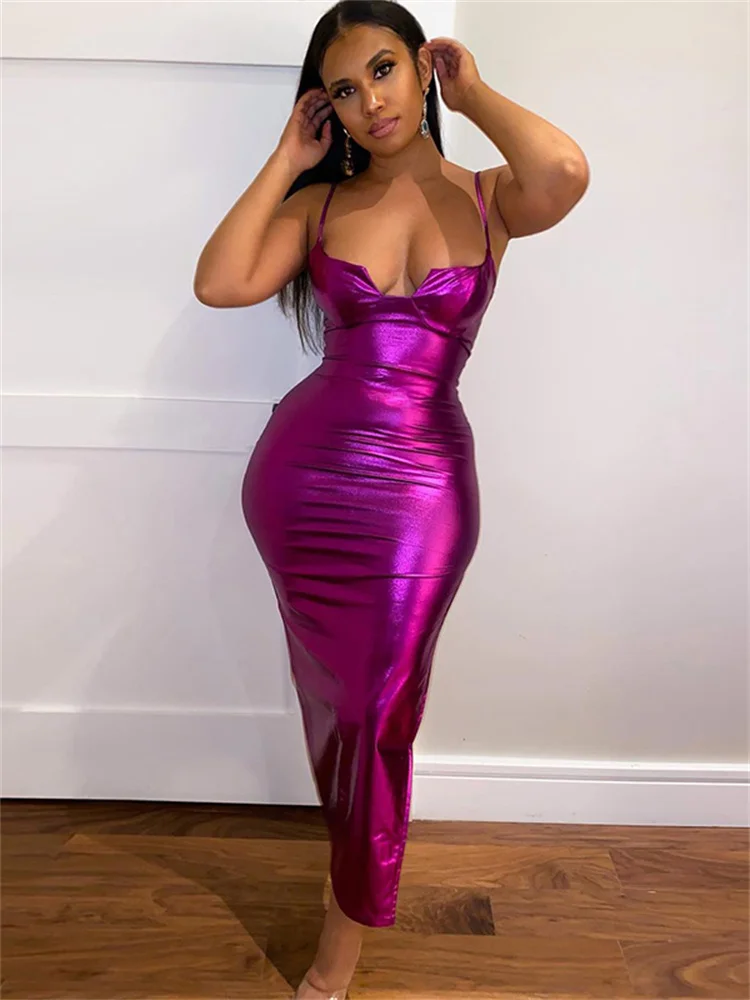 Bizarre chat néon violet discothèque robe d'été femmes dos nu robe sans manches maigre côté fendu Sexy fête vacances tenues extensibles