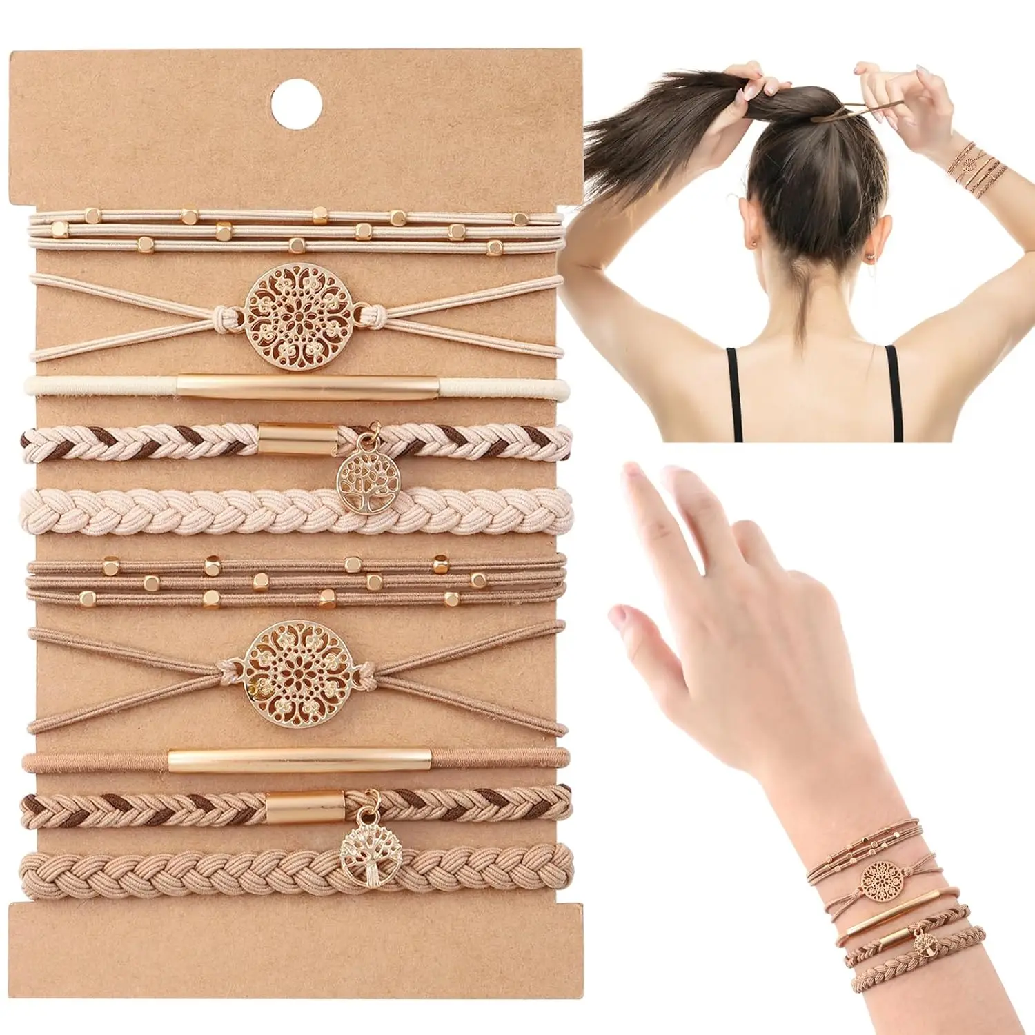 

10PCS Soft Braided Hair Ties for Women, 5 Styles Elastic No Damage Hair Bands for Thick Thin Curly Hair, Beige and Light Coffee