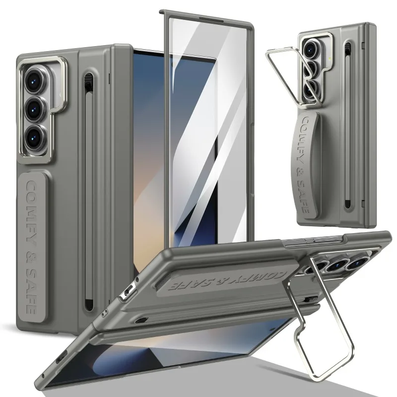 For Samsung Z Fold 8 Ultra Alloy Stand Wrist Strap Pen Slot with Stylus Tempered Glass Film Hinge Protection Shockproof Cover