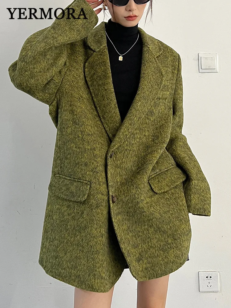 

YERMORA Green Button Vintage Wool Blazer For Women Lapel Long Sleeve Loose New Thick Jacket Fashion Tide Autumn Winter 2025