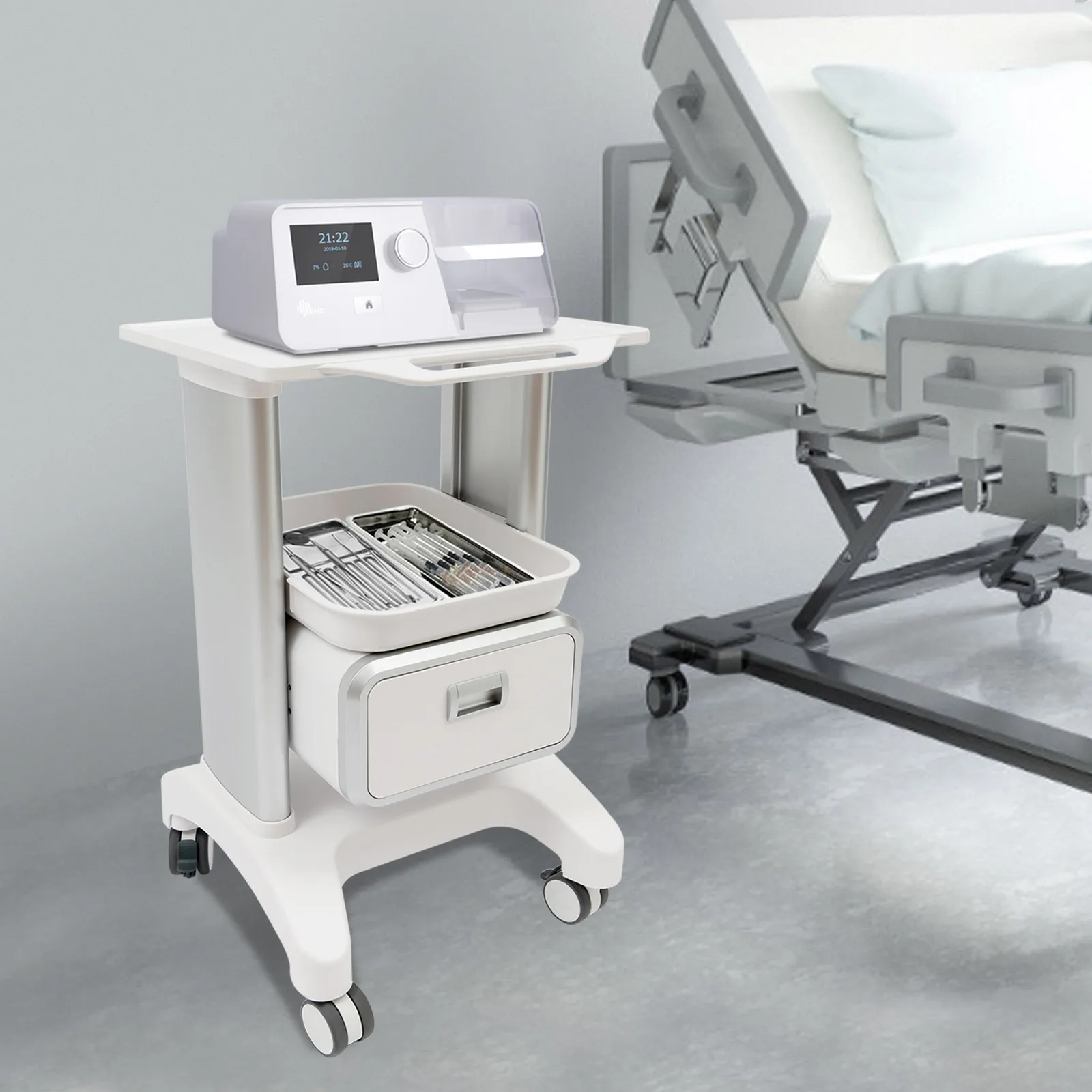 2 Tiers Medical Trolley with Wheels, Mobile Trolley for Cosmetic Instruments, Rolling Tool Trolley